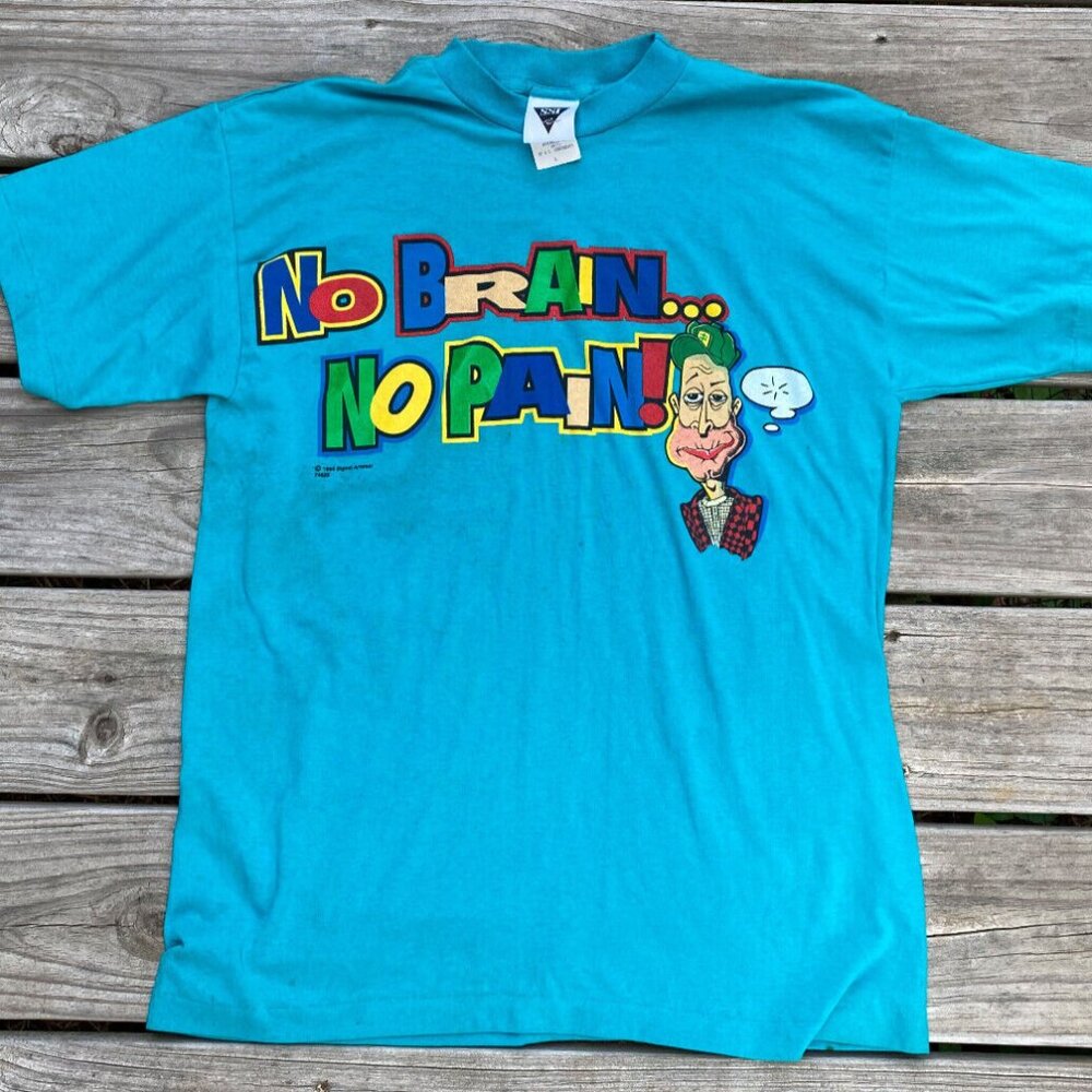 Vintage 1994 No Pain No Brain SSI Blue Tshirt Single Stitch Size Large